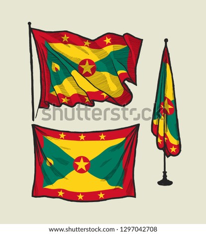 Flag of Grenada on the wind and on the wall hand drawn vector illustration set