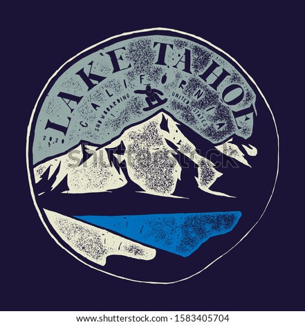 Lake Tahoe vintage snowboarding label with a mountain and little person boarding vector illustration.