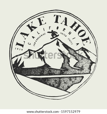 Lake Tahoe Snowboarding spot stamp. Vintage typography print vector illustration.