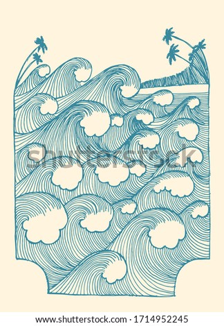 Waves vintage pattern illustration with the palm-trees on the beach. Vintage tropical vacation vector illustration t-shirt print.