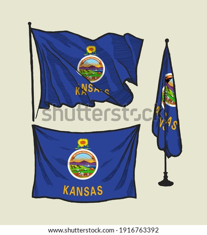 Kansas flag set - flag on the wind, flag on the wall and flag in the office