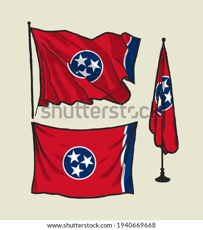 Flag of Tennessee on the wind and on the wall hand drawn vector illustration set