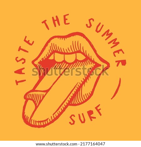Surfboard tongue. Taste the summer. Rock music mouth logo with surfboard. Silkscreen surfing t-shirt print vintage typography vector illustration.