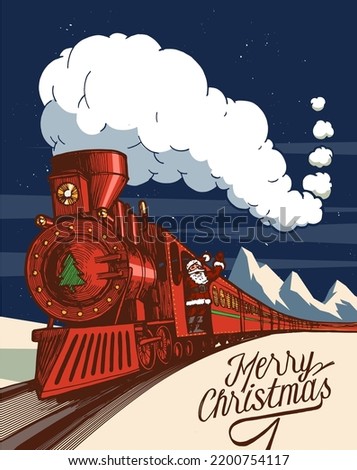 Santa Claus riding vintage red steam train and waving hand in front of snowy mountains. Merry Christmas vintage card.