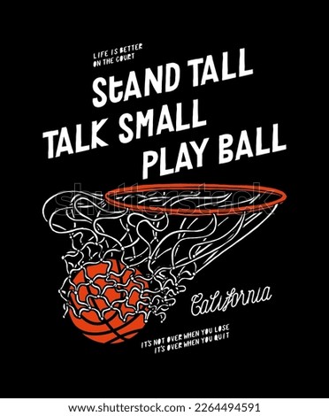 Basketball in hoop. Basketball ball flying through the hoop. Vintage typography basketball silkscreen t-shirt print vector illustration.