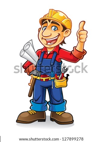 Image, Stock Photo Smiling workman in denim overall looking at camera