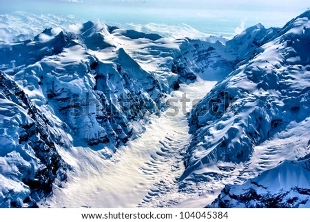 Aerial View of the Beginning of a Glacier, Denali National Park, Alaska.  A Sculpture of Snow and Ice.