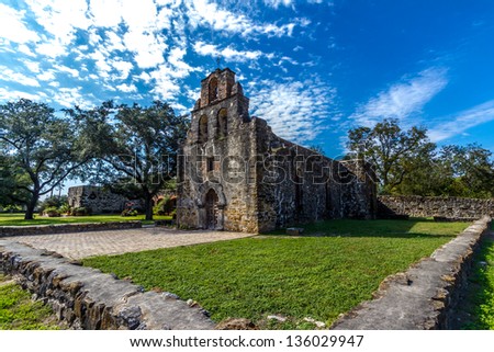 The Rustic and Historic Old West Spanish Mission Espada, established in 1690, with Remaining Inner Wall, San Antonio, Texas.