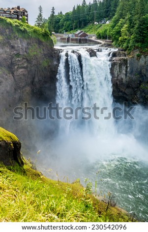 The Beautiful Snoqualmie Waterfall in the Great Pacific Northwest, USA.  Mid level view.