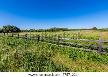 A Wide Angle View of an Old Wooden Fence on a Farm with a Beautiful Field with some Texas Wildflowers.