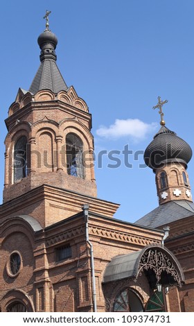 Russian church on a blue sky background