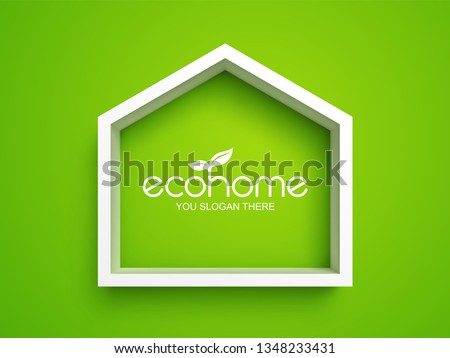 White frame in shape of house on green background. Eco home real estate design template. Easy to change global color