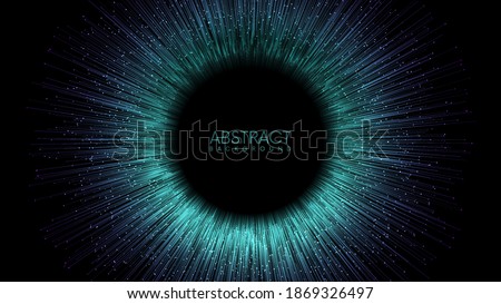 Rays or lines with glowing particles fly out of black hole. Abstract vector background with place for your content. Easy to change colors