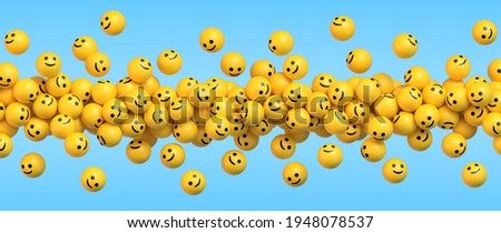 Many flying yellow balls with smiling faces on blue background. Social media and communications concept vector background