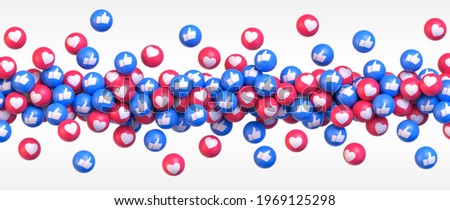 Get More Likes. Many flying balls with social media icons thumb up and heart. Vector illustration