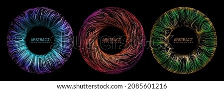 Set of colorful digital abstract eye iris with glowing waved lines and sparks on black background. Beautiful glowing futuristic circle banners. Vector illustration with place for your content