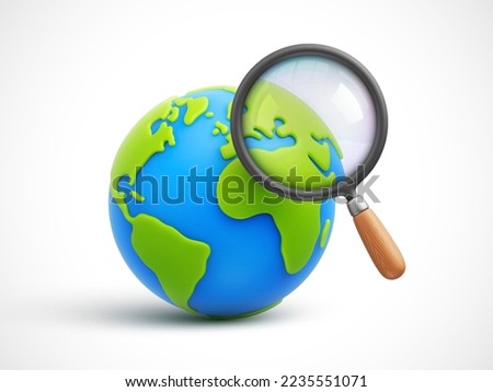 Cartoon planet Earth with magnifying glass 3d vector icon on white background. Research the planet. Exploring the world and global search concept. Vector illustration