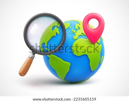 Cartoon planet Earth with magnifying glass and red pointer 3d vector icon. World traveling or GPS navigation concept. Finding the best place for travel, vacation concept. Vector illustration