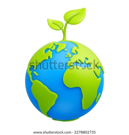 Cartoon planet Earth with green sprout and leaves 3d vector icon on white background. Earth day, ecology, nature and environment conservation concept. Save green planet concept