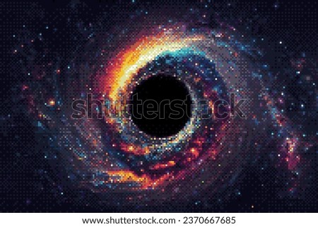 Deep space background with huge black hole in pixel art style. Retro 8bit background for 80s video game interface. Computer game level background. Game location. Cosmic area. Vector illustration