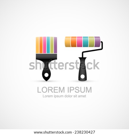 Colorful paint brush and paint roller icons.