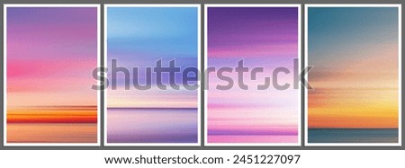 Set of summer gradient posters in minimal style. Beautiful ocean beach horizon with sunrise or sunset. Trendy design with ambient soft blurred background for banner, flyer, cover or invitation