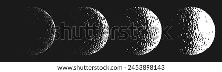 Hand drawn sketches of cartoon moon planet with craters in black and white color. Set of moon phases. Simple creative moon logo design for t-shirt print, banner or poster. Vector illustration