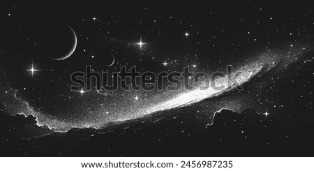 Deep space scene background in stippling style with spiral galaxy, glowing nebula and stars. Retro styled dotwork. Pointillism. Panorama. Noisy grainy shading using dots. Vector illustration