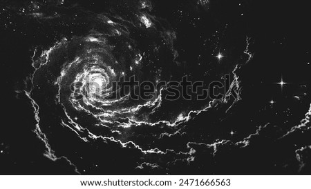 Deep space scene background in stippling style with amazing huge spiral nebula in universe. Great Attractor. Retro styled dotwork. Pointillism. Noisy grainy shading using dots. Vector illustration