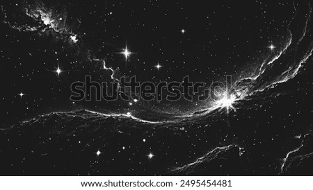 Deep space scene background in stippling style with amazing huge nebula and glowing stars cluster in universe. Retro styled dotwork. Pointillism. Noisy grainy shading using dots. Vector illustration