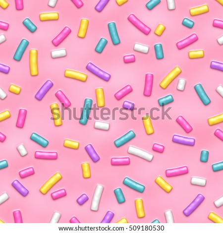 Seamless pattern of pink donut glaze with many decorative sprinkles. Vector background made with gradient meshes. Background design for banner, poster, flyer, card, postcard, cover, brochure.