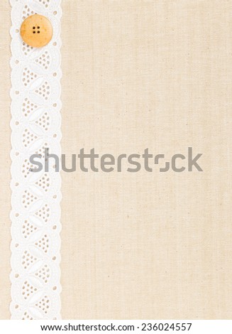 Burlap and white Lace with sewing button over Fabric texture design for background