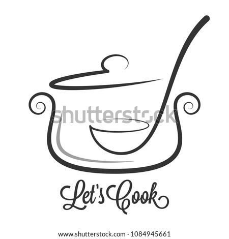 Pan with ladle ornate. Kitchen spoon in a Saucepan pot on white background