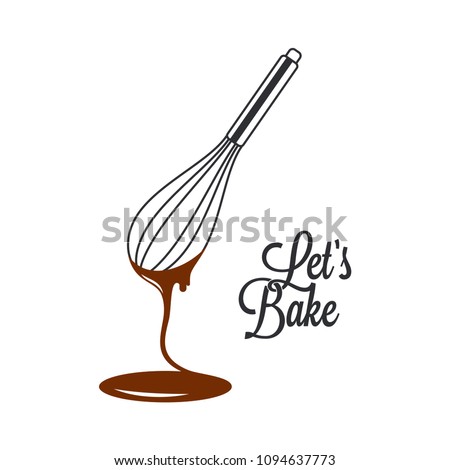 wire whisk and chocolate for bakery cooking or cake on white background