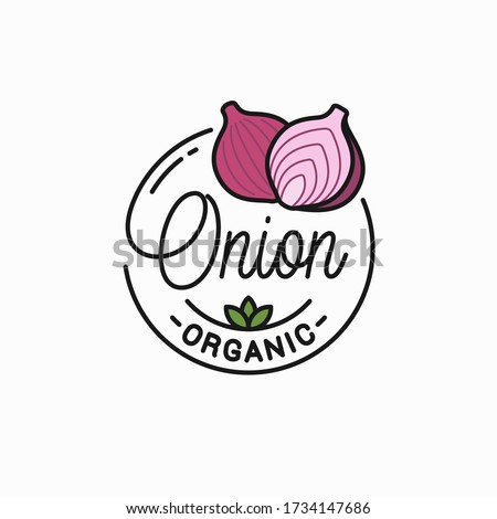 Onion vegetable logo. Round linear logo of red onion on white background