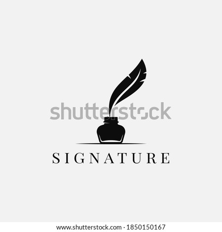 Feather with ink. Inkwell and feather logo on white background