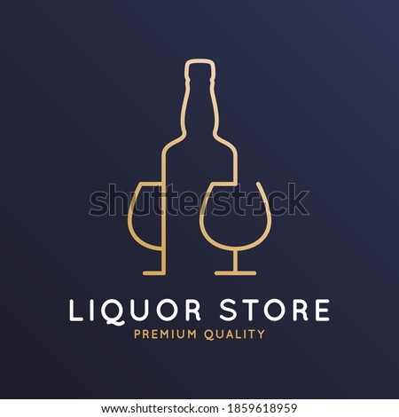 Liquor store logo with bottle of whiskey, rum or brandy and glass on dark blue background