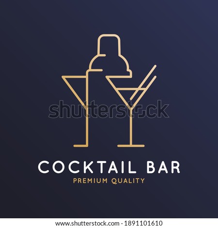 Cocktail bar logo with cocktail shaker and glass of martini on dark blue background