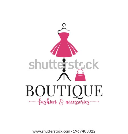 Boutique fashion and accessories logo. Mannequin dress and handbag on white background