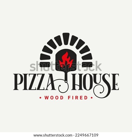 Pizza logo with pizza shovel and oven flame on white background