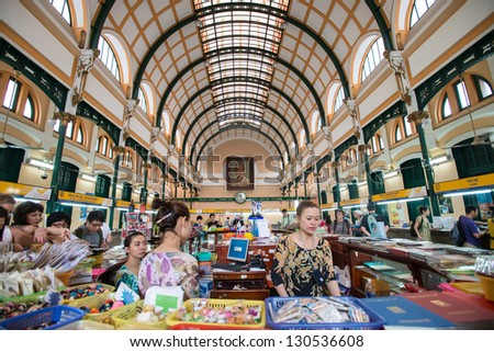 HO CHI MINH CITY - FEB 23 : The officers worked in the post office in Ho Chi Minh City, Vietnam on February 23, 2013.It was built during 1886 -1891 and It is the largest post office in Vietnam.