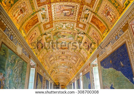 VATICAN - 6/5/2015: Famous paintings in Map Room of  Vatican Museums Rome Italy.