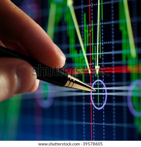 ?hart on computer monitor, market\'s climbing, hand and pen pointer