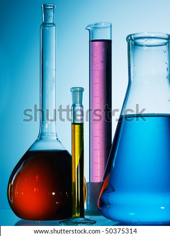 Assorted laboratory glassware equipment ready for an experiment in a science research lab