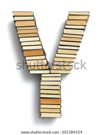 Letter Y formed from the page ends of closed vintage hardcover books standing on a white background from a set or series of numbers