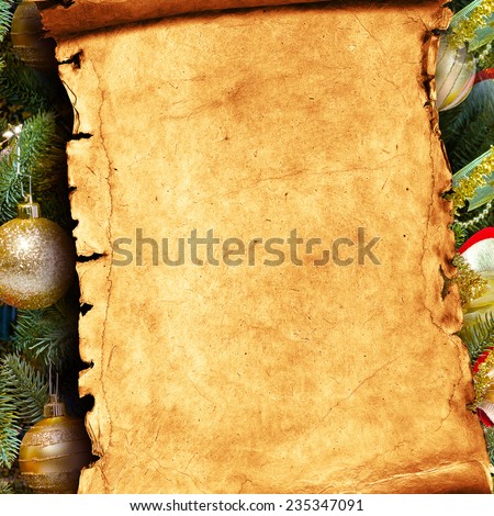 Colorful abstract background with Christmas lights and paper scroll.