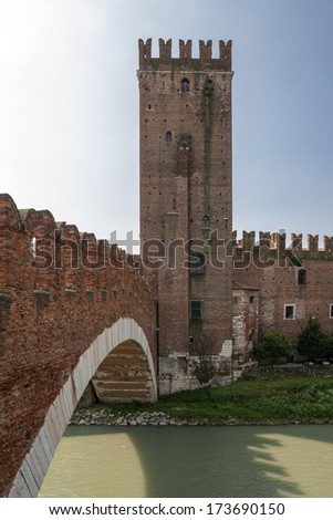 VERONA, ITALY - AUGUST 06, 2008: Ponte Scaligero is a fortified bridge in Verona, northern Italy, over the Adige River. Verona is one of the main tourist destinations in northern Italy.