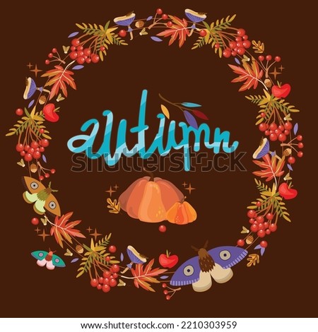 Autumn frame with acorns, mountain ash, pumpkins, moths, maple and oak leaves, mushrooms, apples on a brown background. Vector illustration. Background for fabric, wallpaper, design. 