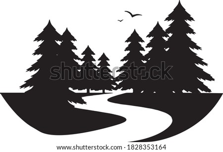 Pine tree river with parks and recreation campground with birds