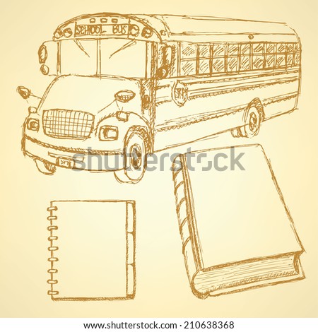 Sketch school bus, book and notebook, vintage set